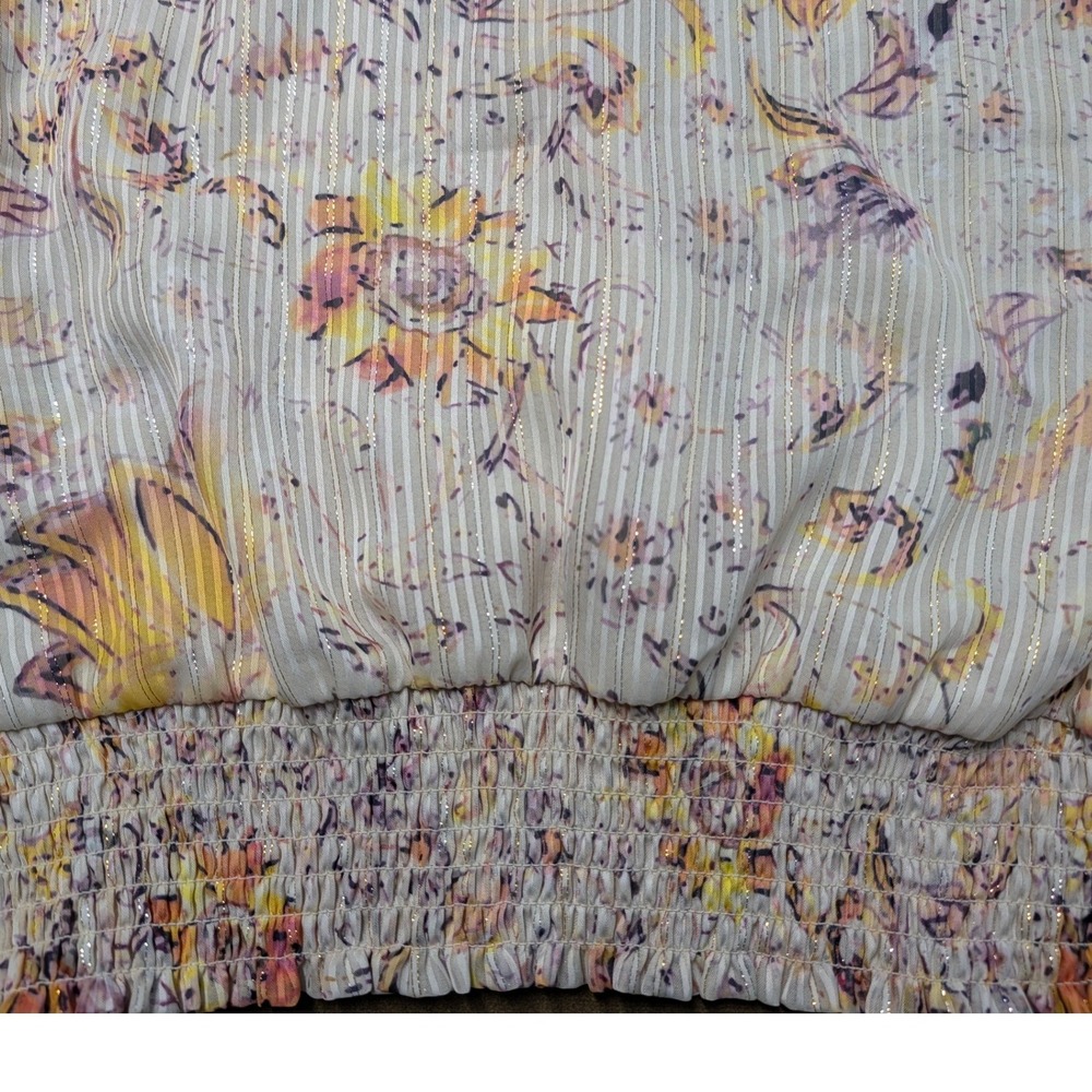Rachel Zoe Floral Metallic Stripe Smocked Puff Sleeve Blouse Yellow Purple S - Picture 6 of 6